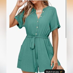 Women's Large Green Button-Up Dress W/ Waist Tie V-Neck Amazon